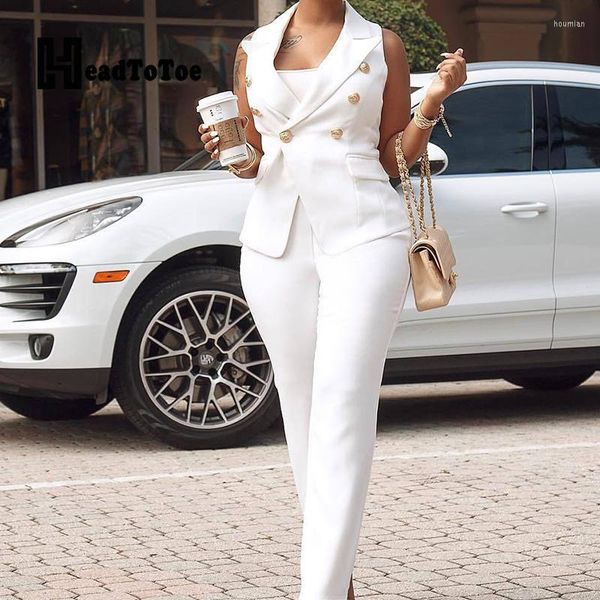 women's two piece pants ol elegant buttoned sleeveless blazer high waist set workwear casual women outfits, White
women's two piece pants ol elegant buttoned sleeveless blazer high waist set workwear casual women outfits, White