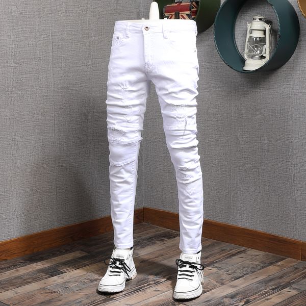 men's jeans korean style fashion men white color elastic slim fit ripped denim pencil pants streetwear hip hop trousers1, Blue
men's jeans korean style fashion men white color elastic slim fit ripped denim pencil pants streetwear hip hop trousers1, Blue