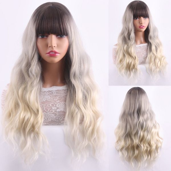 shang europe and the united states wig, straight bangs black root color big waves long curly hair, chemical fiber wig
shang europe and the united states wig, straight bangs black root color big waves long curly hair, chemical fiber wig