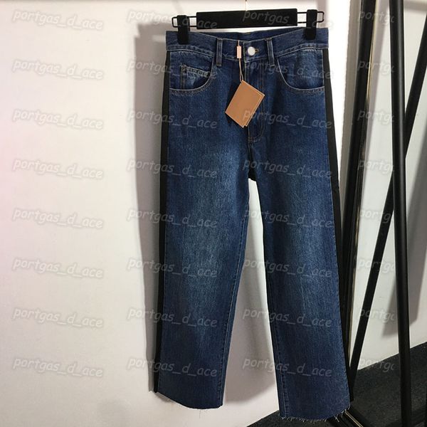 women denim pants side colour blocking jeans high waist straight leg jeans, Black