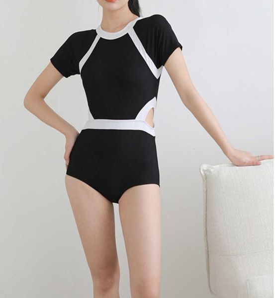 swimsuit new one-piece women's flat angle conservative belly covering slim short sleeve backless small tight spring, White;black
swimsuit new one-piece women's flat angle conservative belly covering slim short sleeve backless small tight spring, White;black