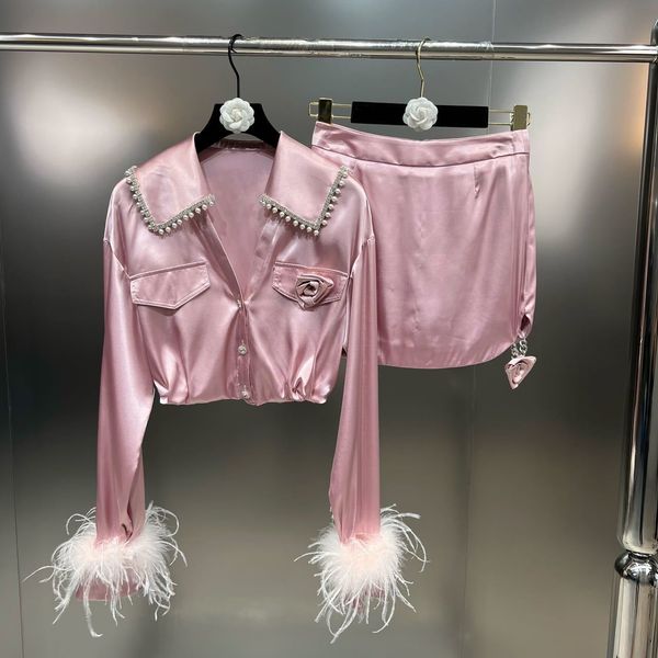 two piece dress fall women's fashion beaded lapel ostrich fur sleeve shirt ladies simple side slit rose above knee skirt twopiece suit, White
two piece dress fall women's fashion beaded lapel ostrich fur sleeve shirt ladies simple side slit rose above knee skirt twopiece suit, White