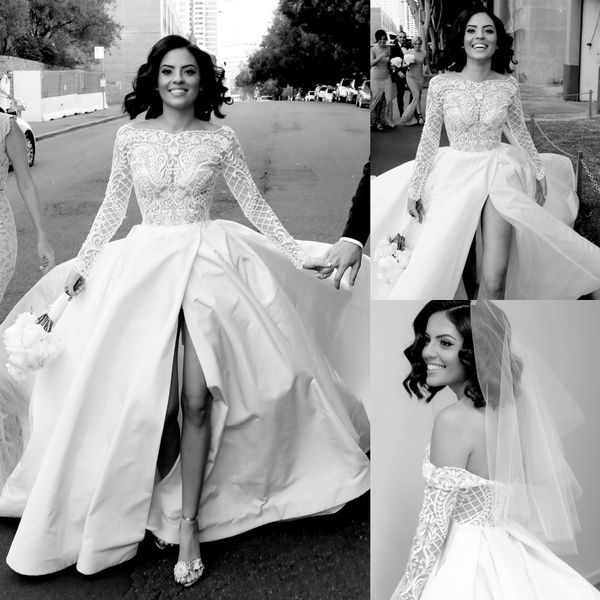 stylish lace wedding dresses backless bridal gowns long sleeves off the shoulder neckline a line side split chapel train vestido de novia, White
stylish lace wedding dresses backless bridal gowns long sleeves off the shoulder neckline a line side split chapel train vestido de novia, White