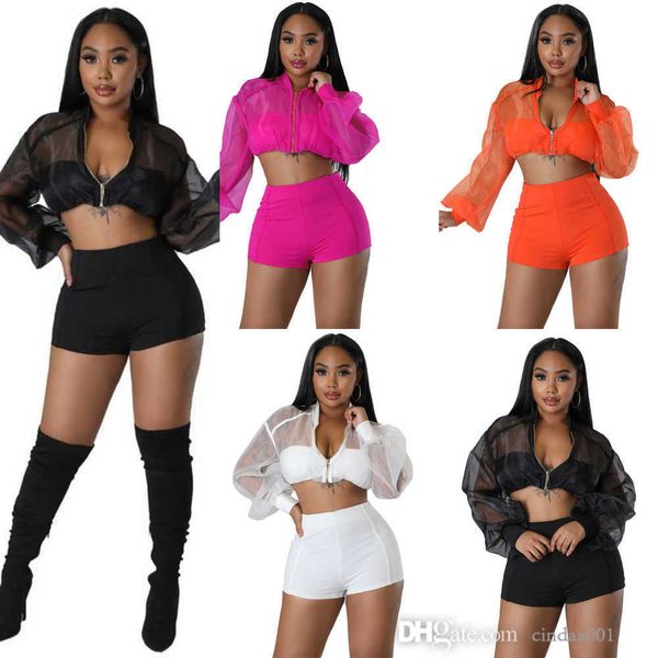 women new tracksuits long sleeve zipper sheer organza crop and solid color shorts elegant two piece set, Gray
women new tracksuits long sleeve zipper sheer organza crop and solid color shorts elegant two piece set, Gray