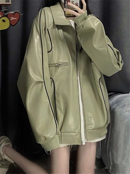 women's jackets spring autumn oversized cool green pu leather jacket women long sleeve zipper casual loose fashion ladies motorcycle 23, Black;brown
women's jackets spring autumn oversized cool green pu leather jacket women long sleeve zipper casual loose fashion ladies motorcycle 23, Black;brown