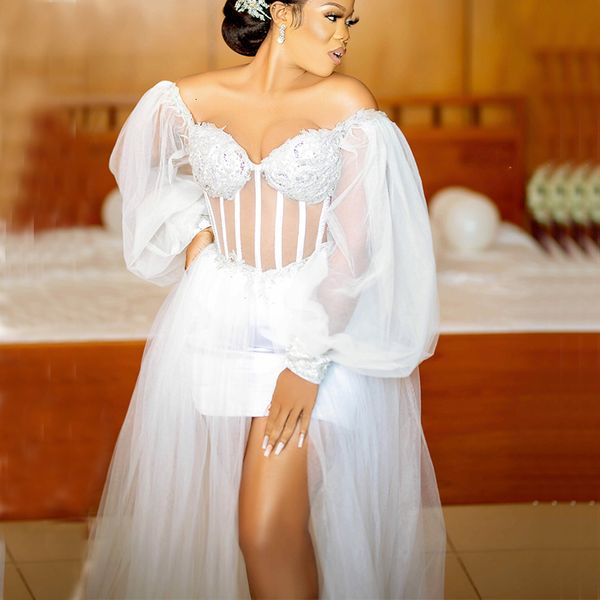 party dresses 2023 white wedding bride robes bridal shower dress off shoulder long sleeve side split sweep train beaded tulle 230222, White;black
party dresses 2023 white wedding bride robes bridal shower dress off shoulder long sleeve side split sweep train beaded tulle 230222, White;black