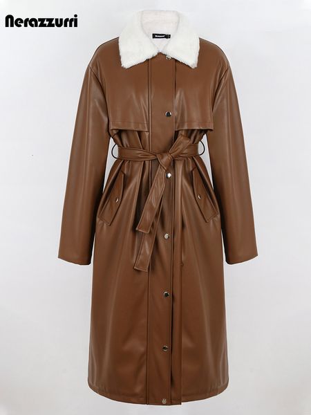 women's jackets nerazzurri winter long loose casual thick warm brown black pu leather trench coat for women with white faux fur inside, Black;brown
women's jackets nerazzurri winter long loose casual thick warm brown black pu leather trench coat for women with white faux fur inside, Black;brown