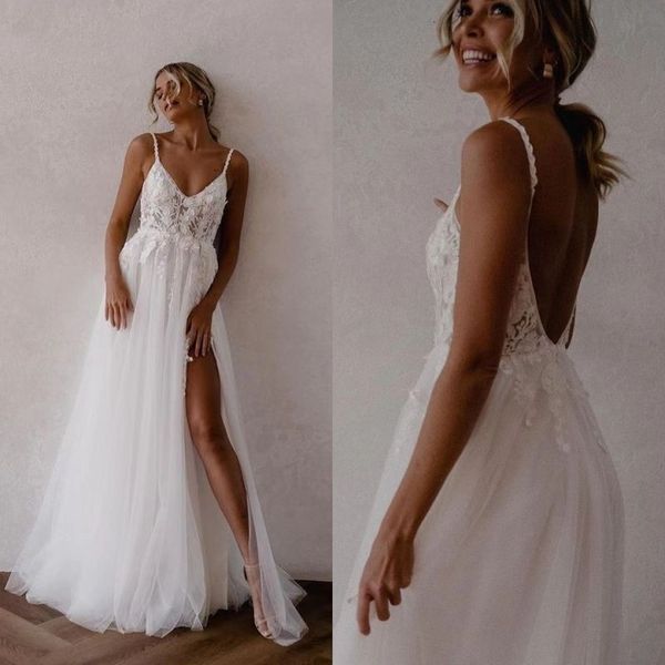 party dresses boho beach wedding dress chic lace spaghetti straps open back front split bohemia bridal gowns 230221, White;black
party dresses boho beach wedding dress chic lace spaghetti straps open back front split bohemia bridal gowns 230221, White;black