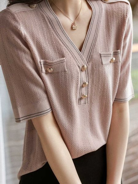 

2022 summer new women's pink hit color retro temperament gentle knitted sweater t-shirt office commuting 230222, White;black