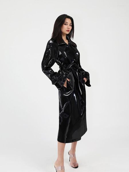 women's leather lautaro spring autumn long shiny reflective patent trench coat for women sashes luxury designer runway european fashion, Black
women's leather lautaro spring autumn long shiny reflective patent trench coat for women sashes luxury designer runway european fashion, Black