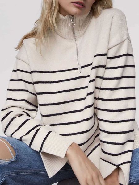 fashion 2022 women sweater autumn winter new pullover half zipper turtleneck loose striped keep warm 230222, White;black
fashion 2022 women sweater autumn winter new pullover half zipper turtleneck loose striped keep warm 230222, White;black