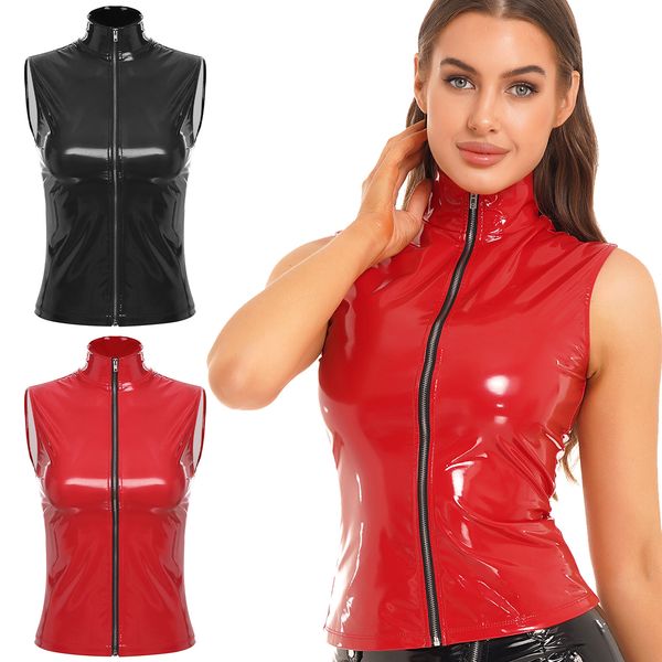 women's jackets womens zipper jacket wet look patent leather stand collar sleeveless cami vest tank female fashion party clubwear 2302, Black;brown
women's jackets womens zipper jacket wet look patent leather stand collar sleeveless cami vest tank female fashion party clubwear 2302, Black;brown