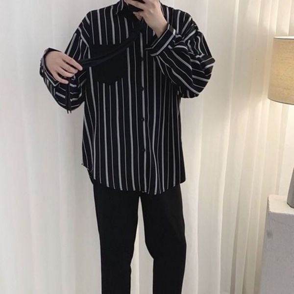 men's casual shirts lapel striped shirt oversize loose fashion long sleeve hip hop street trend outer wear clothes four seasons 230221, White;black