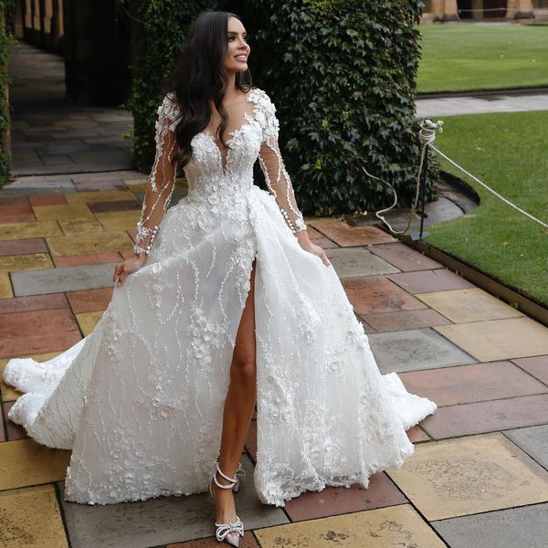 fabulous 3d appliqued wedding dresses beaded bridal gowns lace long sleeves sheer plunging neckline a line vestido de novia, White
fabulous 3d appliqued wedding dresses beaded bridal gowns lace long sleeves sheer plunging neckline a line vestido de novia, White
