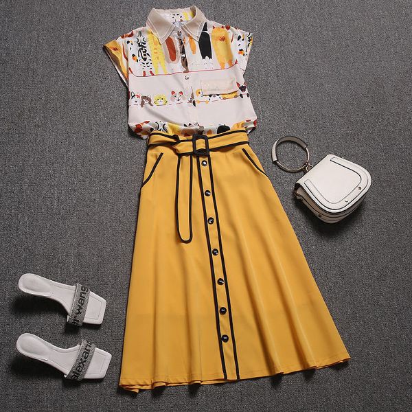 two piece dress with belt summer skirt suit women short sleeve cartoon print blouses and spliced slim long young lady skirts suits set ns74, White 
two piece dress with belt summer skirt suit women short sleeve cartoon print blouses and spliced slim long young lady skirts suits set ns74, White