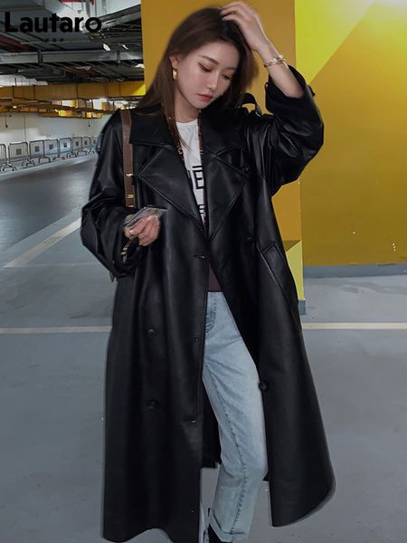 women's jackets lautaro autumn long oversized black faux leather trench coat for women belt double breasted loose stylish korean fashio, Black;brown
women's jackets lautaro autumn long oversized black faux leather trench coat for women belt double breasted loose stylish korean fashio, Black;brown