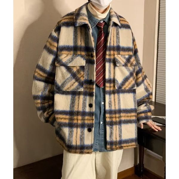 men's wool blends yasuguoji woolen coat autumn winter warm mohair turndown collar plaid coats korean contrast color peacoat men 230222, Black
men's wool blends yasuguoji woolen coat autumn winter warm mohair turndown collar plaid coats korean contrast color peacoat men 230222, Black