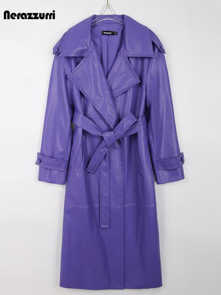 women's jackets nerazzurri autumn long purple faux leather trench coat for women belt stylish luxury elegant overcoat fashion 230222, Black;brown
women's jackets nerazzurri autumn long purple faux leather trench coat for women belt stylish luxury elegant overcoat fashion 230222, Black;brown
