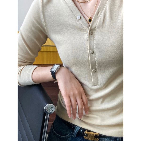 women's tshirt american style simple button vneck longsleeved tshirt soft waxy selfcultivation slimming knitted bottoming shirt for wom, White
women's tshirt american style simple button vneck longsleeved tshirt soft waxy selfcultivation slimming knitted bottoming shirt for wom, White