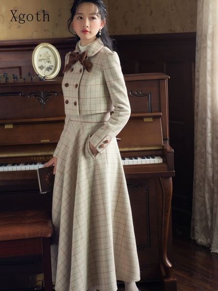 two piece dress xgoth vintage autumn winter suit plaid bow doublebreasted long sleeve coat high waist slim suspender skirt blazer mujer set, White
two piece dress xgoth vintage autumn winter suit plaid bow doublebreasted long sleeve coat high waist slim suspender skirt blazer mujer set, White