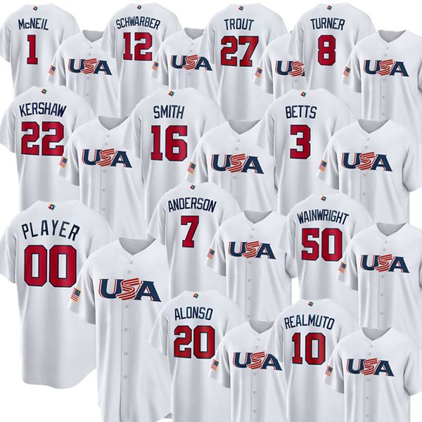 22 clayton kershaw usa baseball white 2023 world baseball player jersey mookie betts will smith adam wainwright trea turner mike trout j.t., Blue;black
22 clayton kershaw usa baseball white 2023 world baseball player jersey mookie betts will smith adam wainwright trea turner mike trout j.t., Blue;black