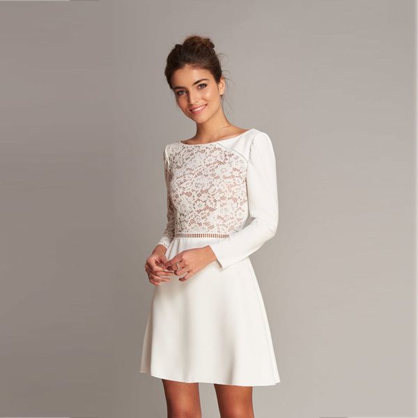 party dresses simple short wedding dress scoop neck long special sleeve lace and satin bridal gown cut out back mini vestidos de novia 2023, White;black
party dresses simple short wedding dress scoop neck long special sleeve lace and satin bridal gown cut out back mini vestidos de novia 2023, White;black
