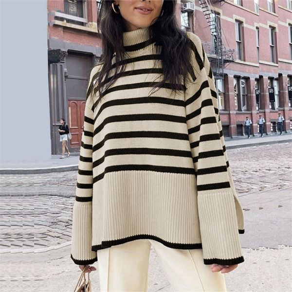 black white stripe sweater streetwear loose women pullover female jumper long sleeve turtleneck knitted ribbed sweaters, White;black
black white stripe sweater streetwear loose women pullover female jumper long sleeve turtleneck knitted ribbed sweaters, White;black