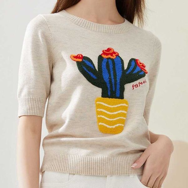 women's t-shirt france designer apricot retro cute embroidery cactus knitted woman tshirts half sleeve o-neck tee korean sweet office, White
women's t-shirt france designer apricot retro cute embroidery cactus knitted woman tshirts half sleeve o-neck tee korean sweet office, White