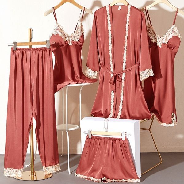 women's sleepwear lace 5pcs pajamas set spring sleepwear women satin lounge wear lingerie home clothes kimono bathrobe gown with breast, Black;red
women's sleepwear lace 5pcs pajamas set spring sleepwear women satin lounge wear lingerie home clothes kimono bathrobe gown with breast, Black;red