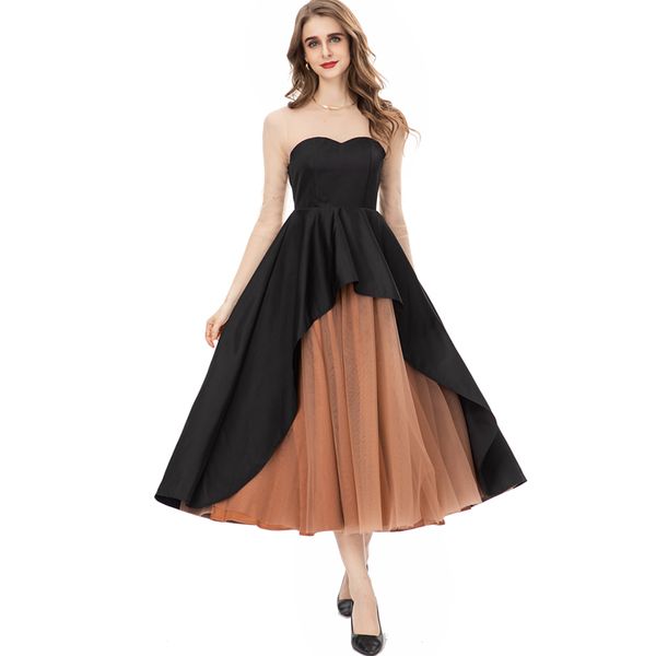 women's runway dresses o neck long sleeves patchwork mesh laid over elegant fashion ball gown party prom, Black
women's runway dresses o neck long sleeves patchwork mesh laid over elegant fashion ball gown party prom, Black