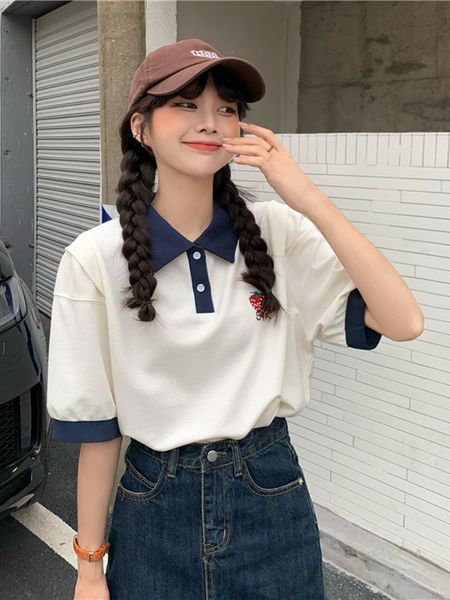 women's blouses shirts yuqi kawaii strawberry embroidery short sleeve female student korean casual loose contrast girls wear polo colla, White
women's blouses shirts yuqi kawaii strawberry embroidery short sleeve female student korean casual loose contrast girls wear polo colla, White