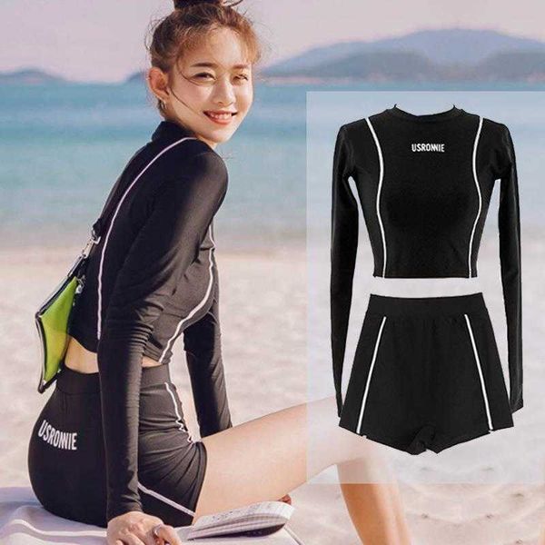 split swimsuit womens boxers long sleeve sun protection conservative high waist, White;black
split swimsuit womens boxers long sleeve sun protection conservative high waist, White;black