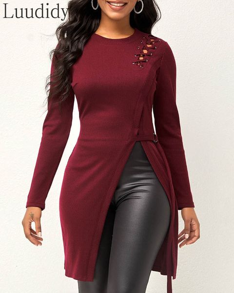women's t-shirt women solid color oneck eyelet laceup long sleeve high slit 230223, White
women's t-shirt women solid color oneck eyelet laceup long sleeve high slit 230223, White