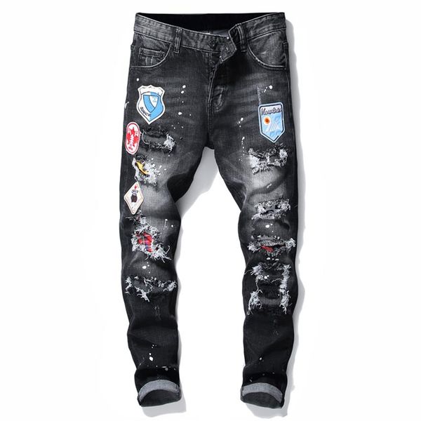 men badge rips stretch black jeans men's fashion slim fit washed motocycle denim pants panelled hip hop trousers 10200293p, Blue
men badge rips stretch black jeans men's fashion slim fit washed motocycle denim pants panelled hip hop trousers 10200293p, Blue