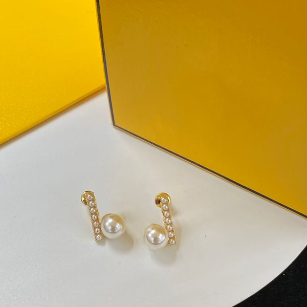 trendy letter pearl stud earrings luxury crystal eardrops women rhinestone hoop earrings anniversary with box, Golden;silver