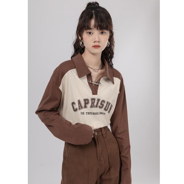women's blouses shirt clothing brown sweatshirt color contrast polo collar american vintage high street winter female long sleeve short, White
women's blouses shirt clothing brown sweatshirt color contrast polo collar american vintage high street winter female long sleeve short, White