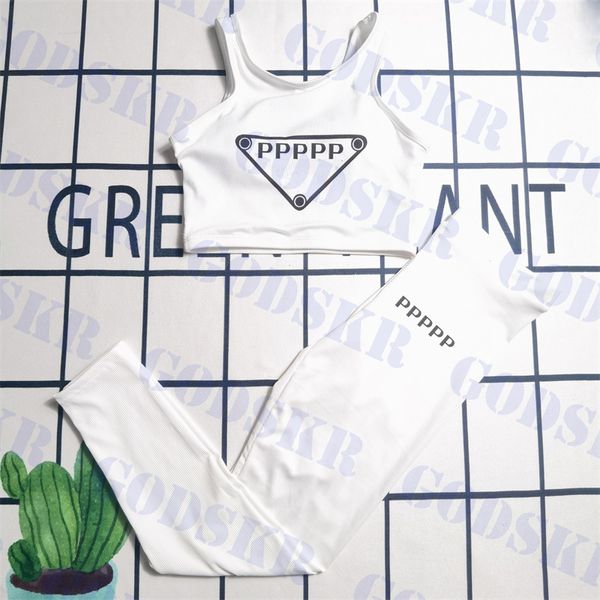 white knitted swimsuit triangle logo tracksuit for women classic elastic yoga clothes designer tank long pants, White;black
white knitted swimsuit triangle logo tracksuit for women classic elastic yoga clothes designer tank long pants, White;black