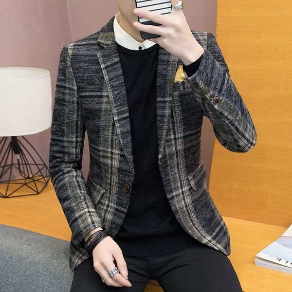 men's suits blazers casual suit coat korean version slim tweed young british handsome plaid small jacket 230222, White;black 
men's suits blazers casual suit coat korean version slim tweed young british handsome plaid small jacket 230222, White;black