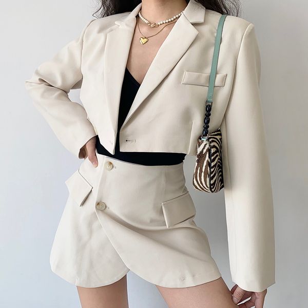 two piece dress piece set women cropped blazer and mini skirt solid elegant office ladies outfits long sleeve navel exposed irregular suits, White
two piece dress piece set women cropped blazer and mini skirt solid elegant office ladies outfits long sleeve navel exposed irregular suits, White