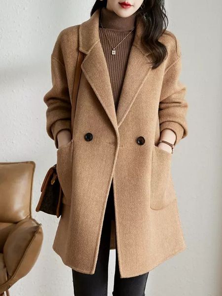 women's jackets winter woman thick warm casual big pocket tweed coat temperament turndown collar korean fashion long women 230223, Black;brown 
women's jackets winter woman thick warm casual big pocket tweed coat temperament turndown collar korean fashion long women 230223, Black;brown