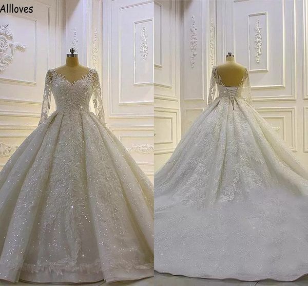 luxurious bling sequined ball gown wedding dresses for women lace appliqued sheer neck formal vestidos de novia long sleeves puff skirt prin, White
luxurious bling sequined ball gown wedding dresses for women lace appliqued sheer neck formal vestidos de novia long sleeves puff skirt prin, White
