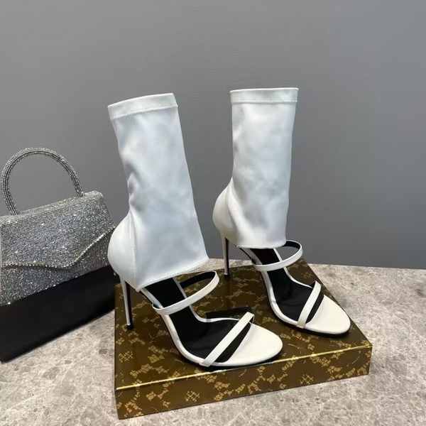 summer women's open toe sandals fashion slim leather feet bare high heel boots luxury show party wedding dress shoes size 35-42, Black