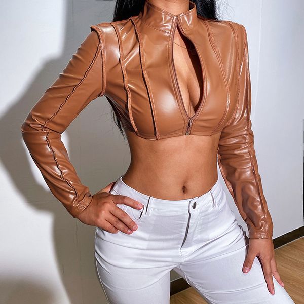women's jackets short leather jacket women crop long sleeve reversed cropped coat woman autumn fall brown black streetwear clothes 2302, Black;brown
women's jackets short leather jacket women crop long sleeve reversed cropped coat woman autumn fall brown black streetwear clothes 2302, Black;brown
