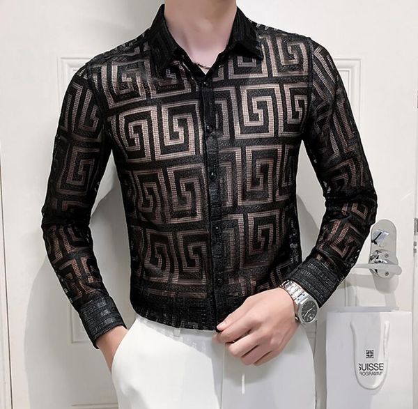 new transparent lace shirt men stretch hollow shirt clothing simple all match slim fit long sleeve club/prom geometric pattern polos, White;black
new transparent lace shirt men stretch hollow shirt clothing simple all match slim fit long sleeve club/prom geometric pattern polos, White;black