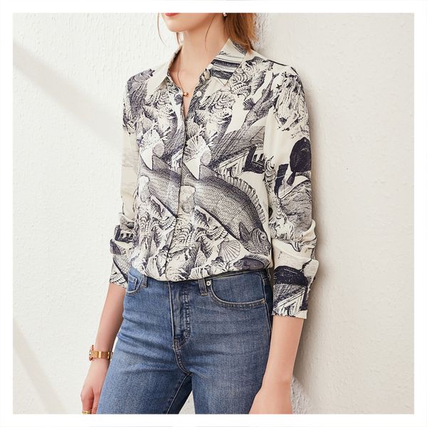 women's blouses shirts vintage printed silk mulberry temperament office fashion clothing style 230223, White
women's blouses shirts vintage printed silk mulberry temperament office fashion clothing style 230223, White