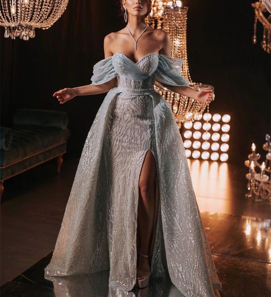 luxury mermaid prom dresses sleeveless v neck lace appliques sparkly sequins floor length celebrity side slit detachable train evening dress, Black
luxury mermaid prom dresses sleeveless v neck lace appliques sparkly sequins floor length celebrity side slit detachable train evening dress, Black