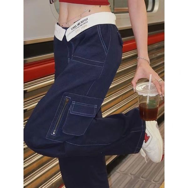 women's jeans american retro design sense turned down two wearing high waisted straight women contrast color hiphop wide leg overalls 2, Blue
women's jeans american retro design sense turned down two wearing high waisted straight women contrast color hiphop wide leg overalls 2, Blue