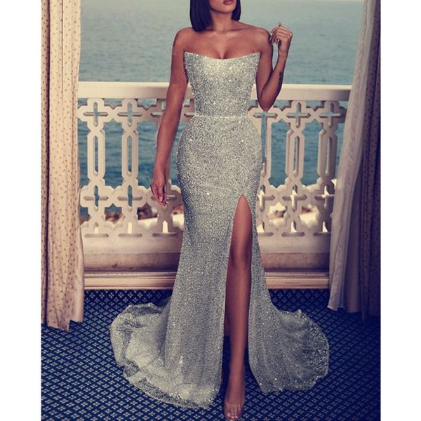 2023 silver strapless mermaid prom party dresses side split sleeveless sweep strain sequined formal evening gowns, Black
2023 silver strapless mermaid prom party dresses side split sleeveless sweep strain sequined formal evening gowns, Black