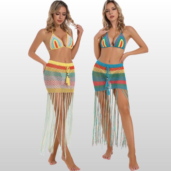 boho crochet women's swimsuit matching sets fringe colorful bra skirt 2 piece set swimwear backless beach outfit summer, White;black
boho crochet women's swimsuit matching sets fringe colorful bra skirt 2 piece set swimwear backless beach outfit summer, White;black