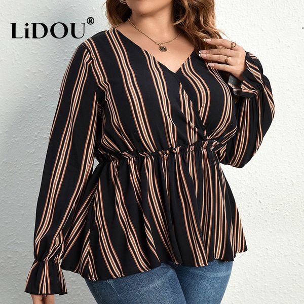 women's plus size t-shirt autumn winter striped fashion plus size shirt women long sleeve v neck waist oversized blouse female loose ca, Black
women's plus size t-shirt autumn winter striped fashion plus size shirt women long sleeve v neck waist oversized blouse female loose ca, Black